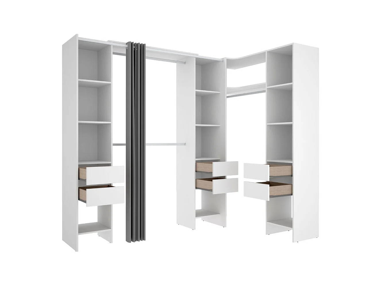 Armario vestidor Suit reversible 6 cajones + 3 barras + 3 columnas blanco 205x164-234x141 cm