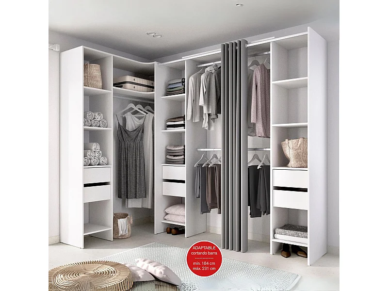 Armario vestidor Suit reversible 6 cajones + 3 barras + 3 columnas blanco 205x164-234x141 cm