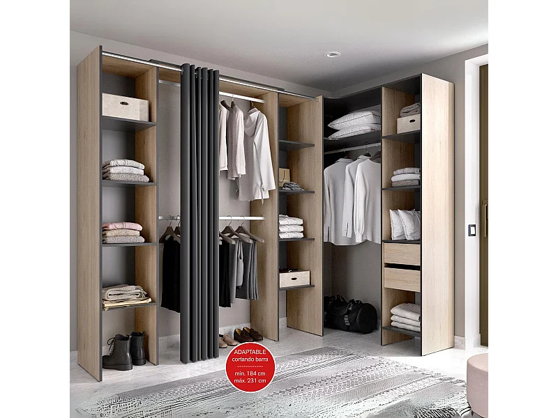 Armario vestidor Suit reversible 2 cajones + 3 barras + 3 columnas natural/grafito 205x164-234x141 cm