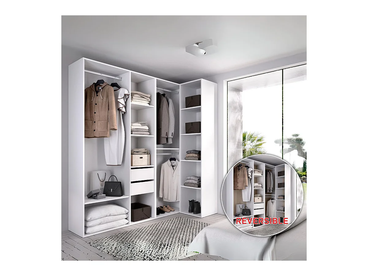 Armario vestidor Suit 2 módulos + 3 barras + 2 cajones blanco/natural 205x182,5x79,5 cm