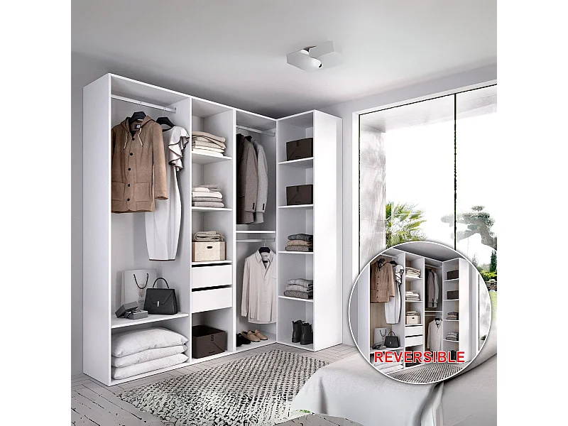 Armario vestidor Suit 2 módulos + 3 barras + 2 cajones blanco/natural 205x182,5x79,5 cm