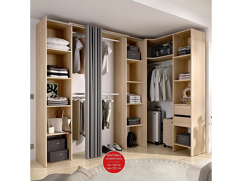 Armario vestidor Suit reversible 2 cajones + 3 barras + 3 columnas natural 205x164-234x141 cm