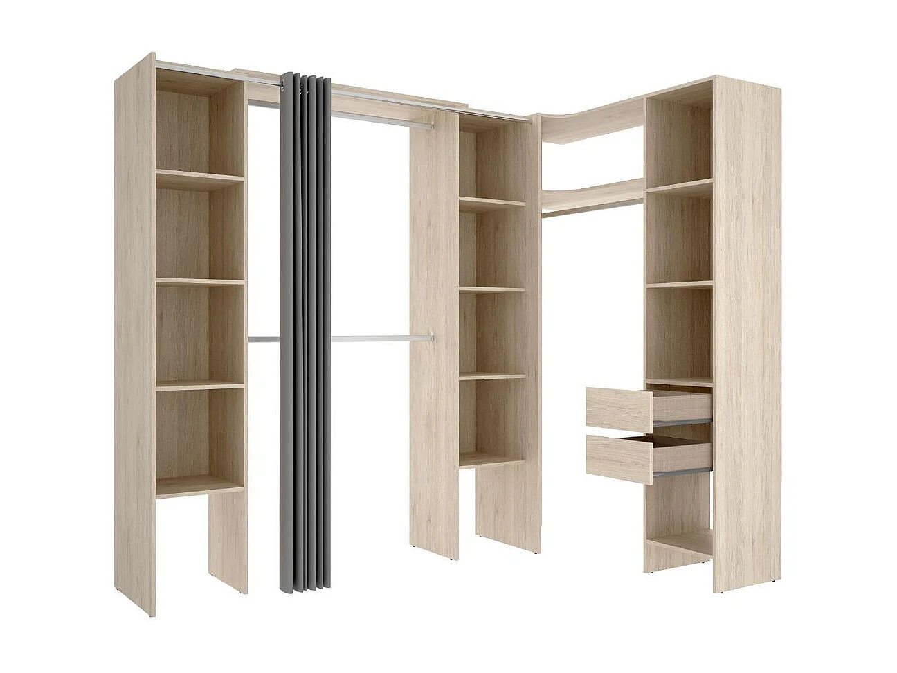 Armario vestidor Suit reversible 2 cajones + 3 barras + 3 columnas natural 205x164-234x141 cm