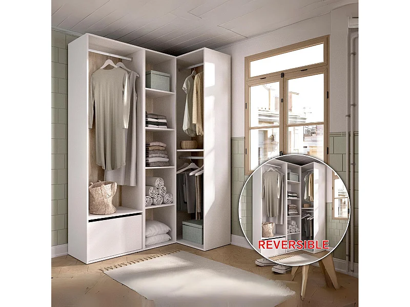 Armario vestidor Suit 2 módulos + 3 barras + zapatero blanco/natural 205x144,5x79,5 cm