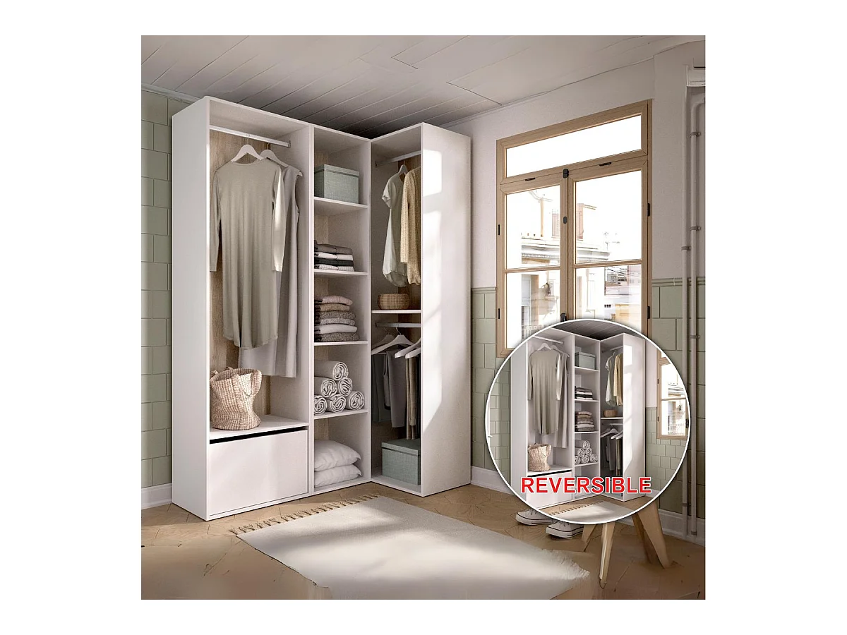 Armario vestidor Suit 2 módulos + 3 barras + zapatero blanco/natural 205x144,5x79,5 cm