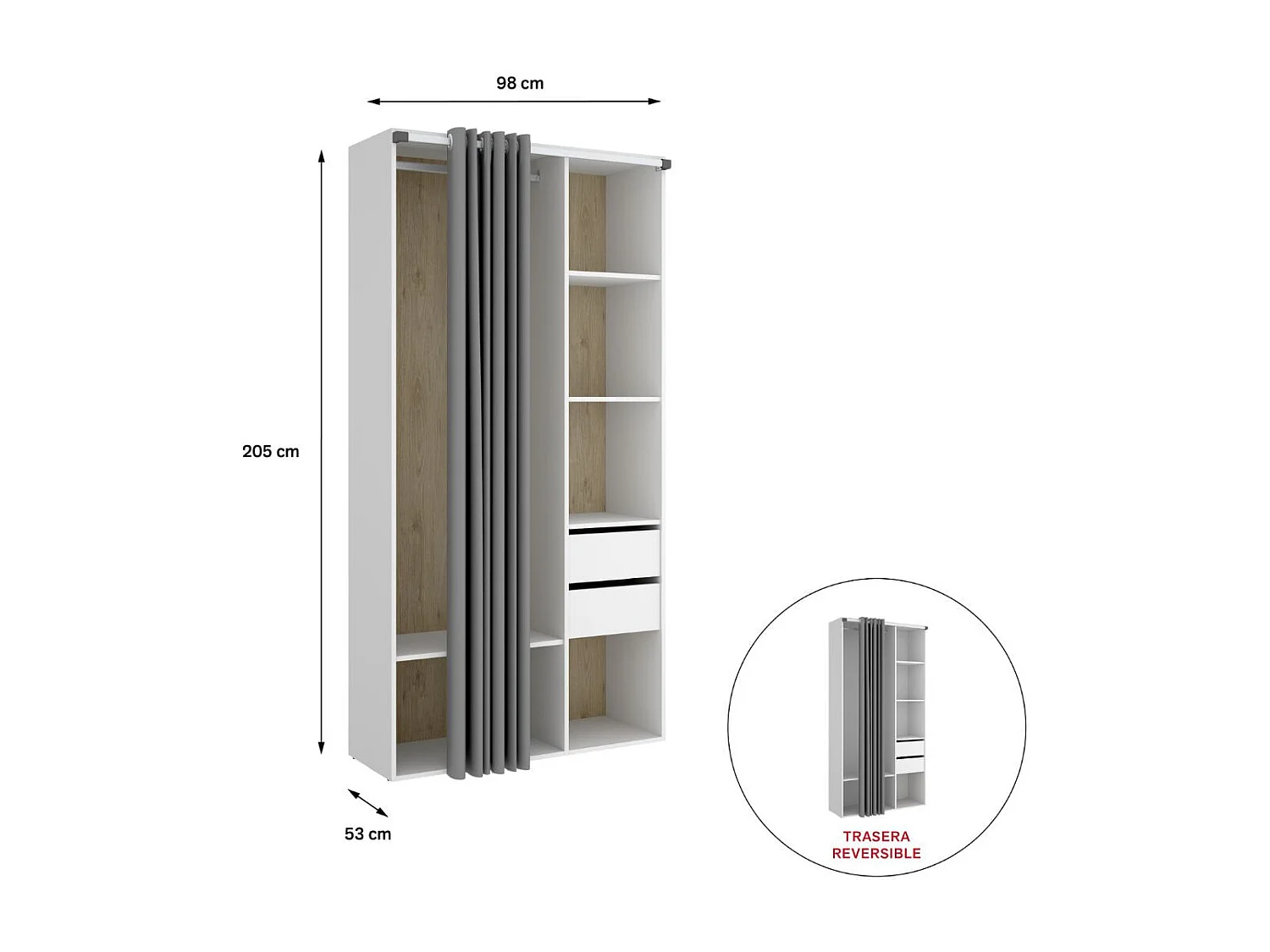 Armario vestidor Suit reversible 2 cajones + cortina blanco/natural 205x98x53 cm