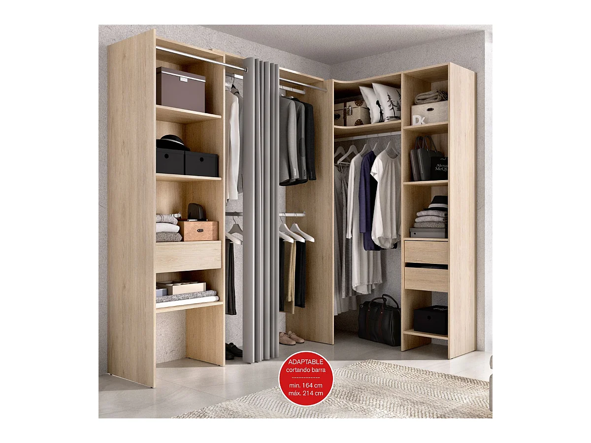 Armario vestidor Suit reversible 3 cajones + 3 barras + 2 columnas natural 205x164-214x141 cm