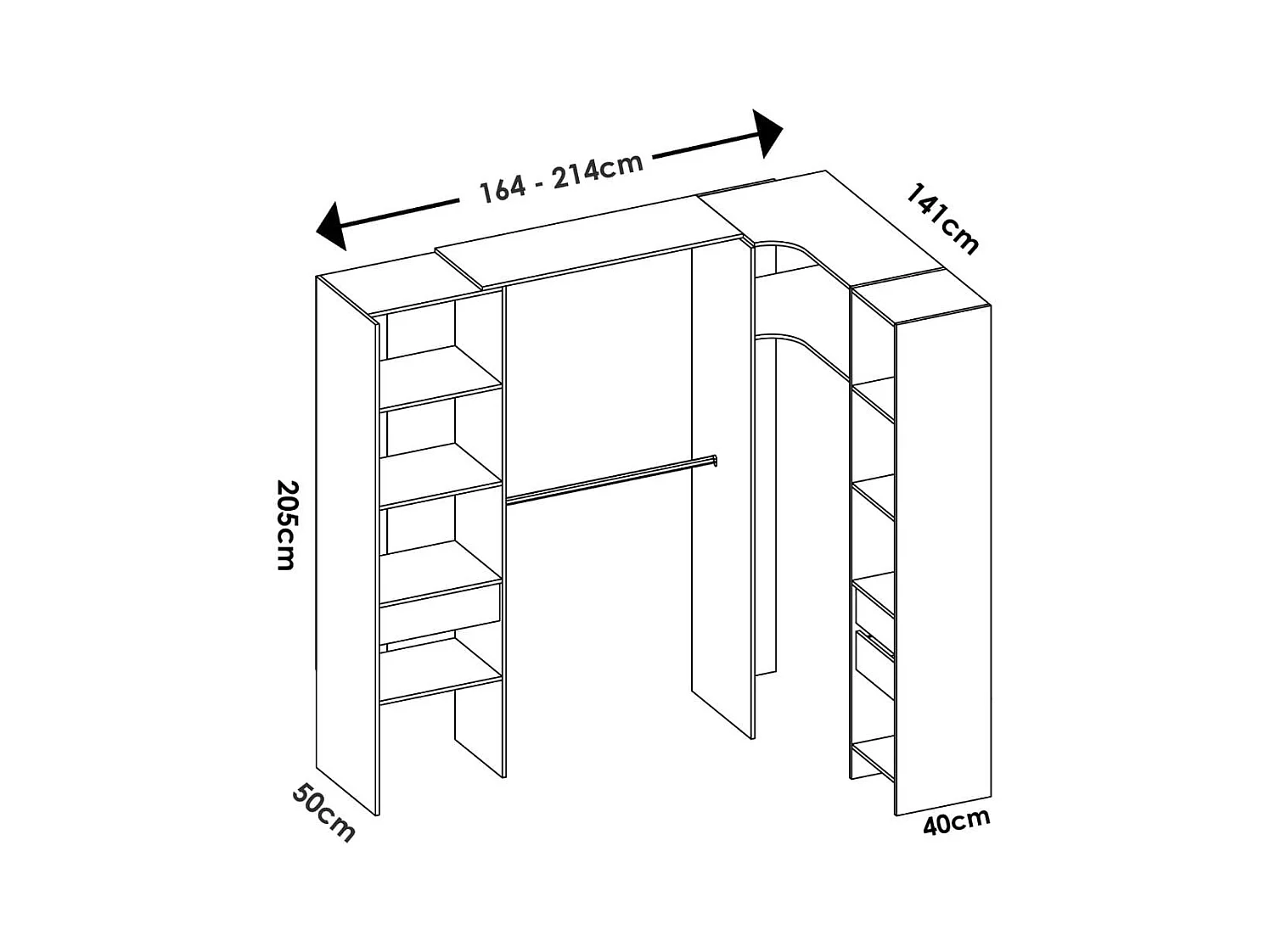 Armario vestidor Suit reversible 3 cajones + 3 barras + 2 columnas natural 205x164-214x141 cm