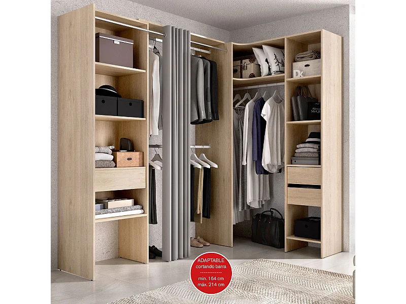 Armario vestidor Suit reversible 3 cajones + 3 barras + 2 columnas natural 205x164-214x141 cm