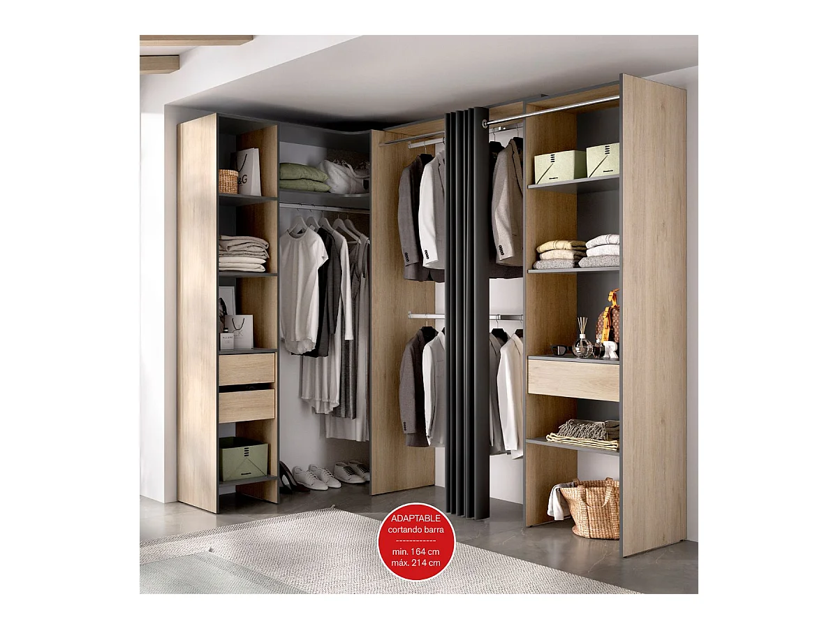 Armario vestidor Suit reversible 3 cajones + 3 barras + 2 columnas natural/ grafito 205x164-214x141 cm