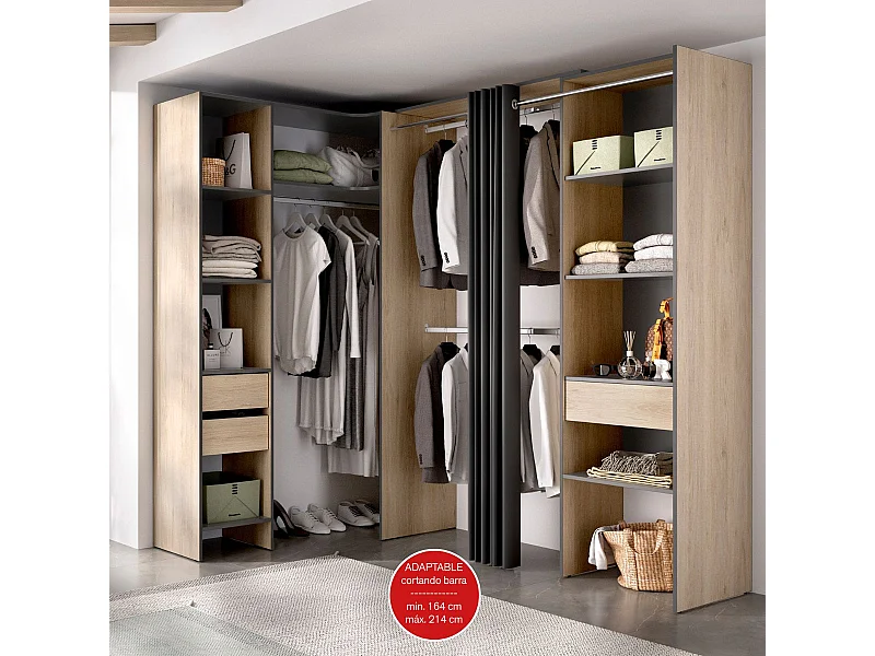Armario vestidor Suit reversible 3 cajones + 3 barras + 2 columnas natural/ grafito 205x164-214x141 cm
