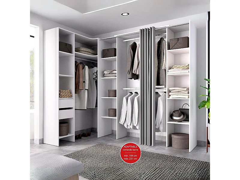 Armario vestidor Suit reversible 2 cajones + 3 barras + 3 columnas blanco 205x164-234x141 cm