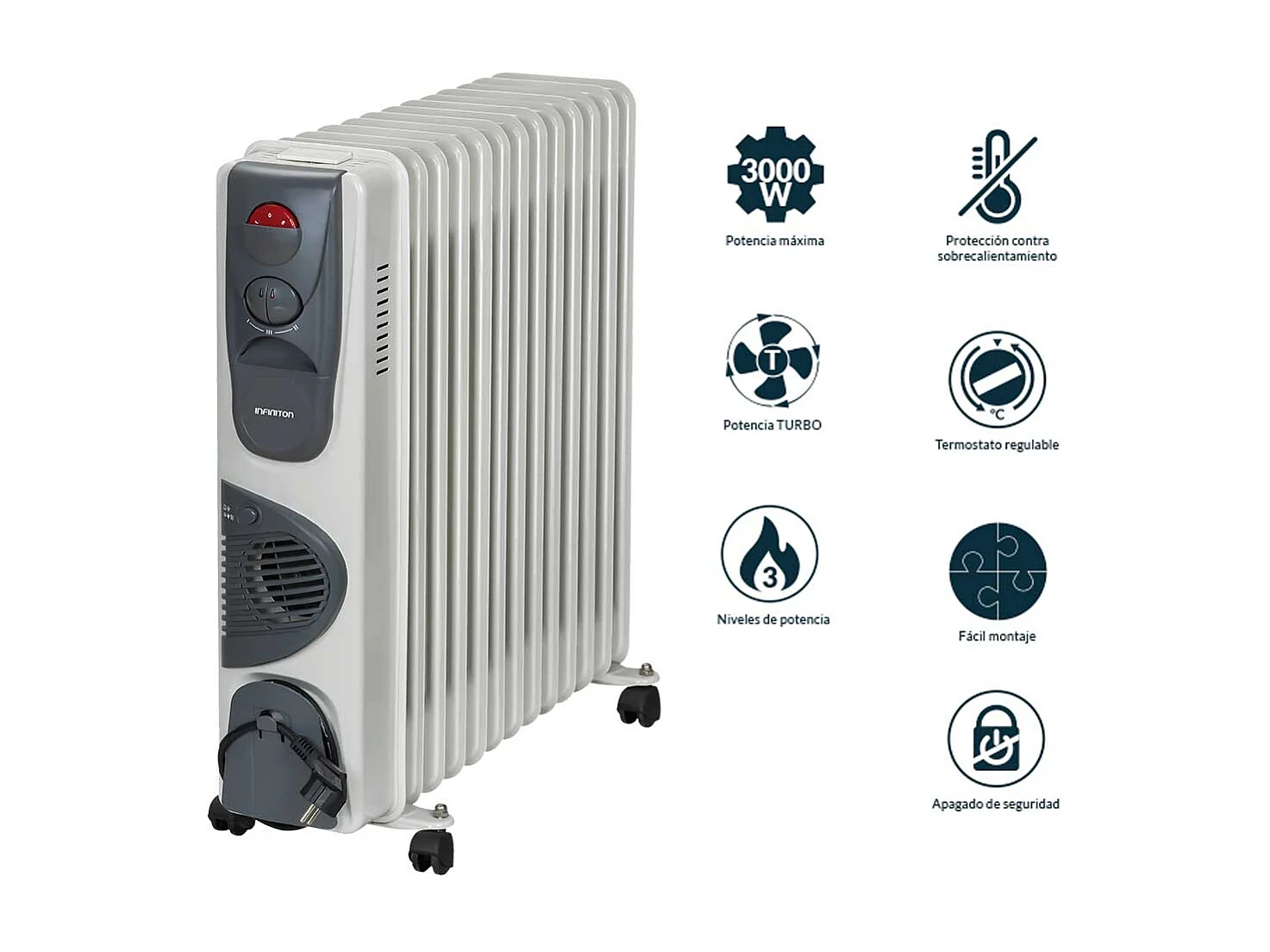 Radiador de aceite Infiniton HOT-300T 3000W 3 niveles de potencia blanco
