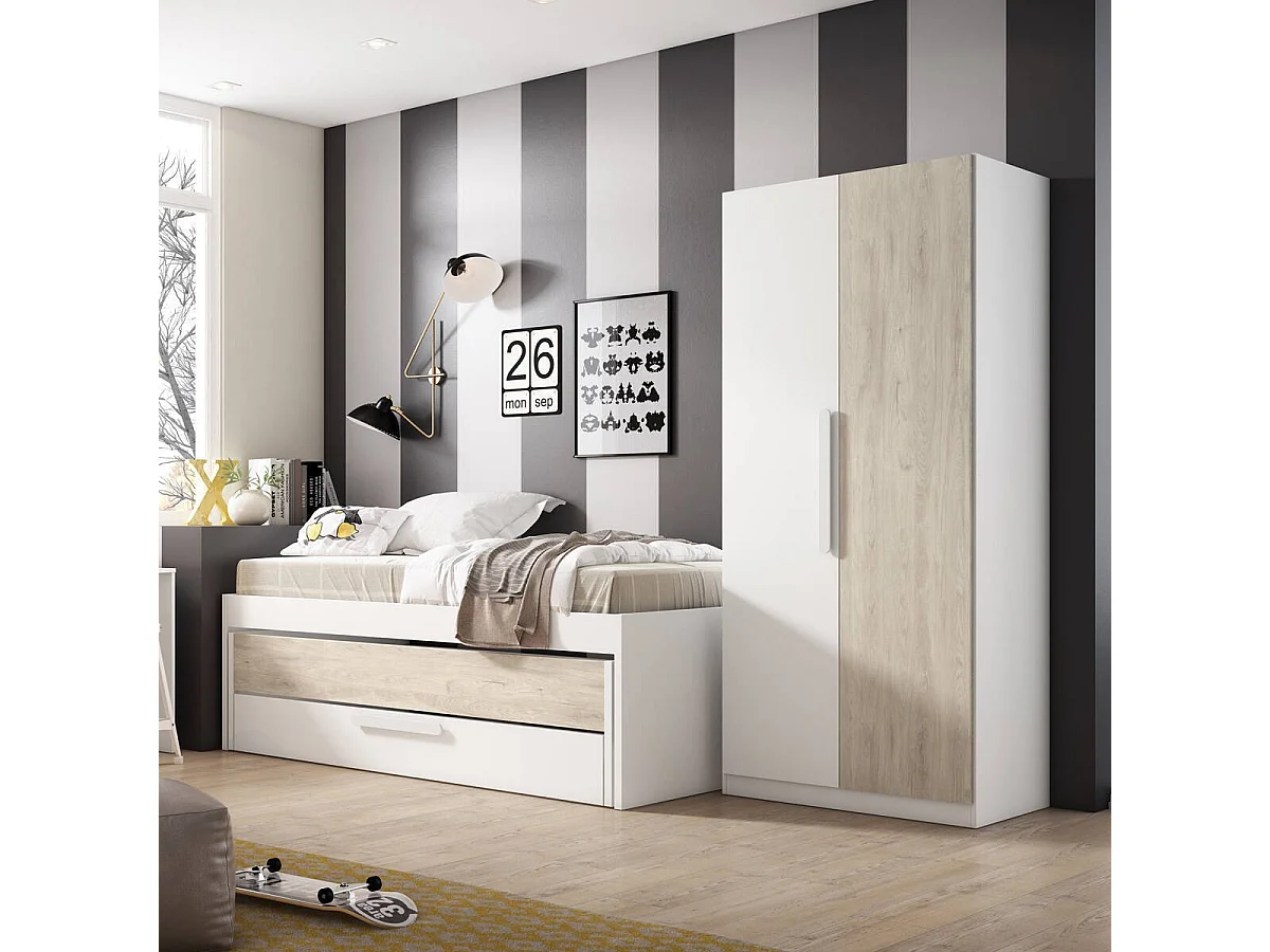 Armario juvenil de dos puertas ESTELLE. Color sahara y blanco mate 90x52,6x200,5 cm