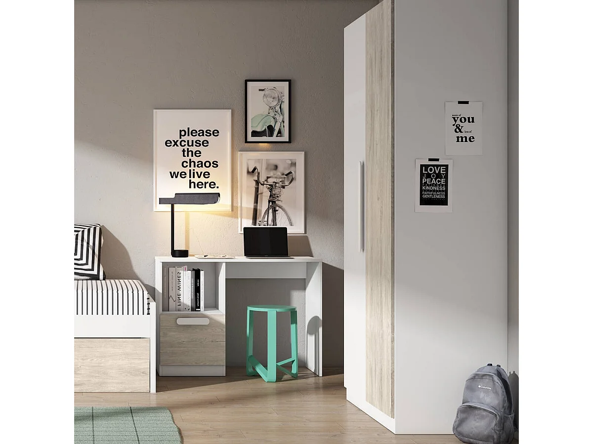 Armario juvenil de dos puertas ESTELLE. Color sahara y blanco mate 90x52,6x200,5 cm