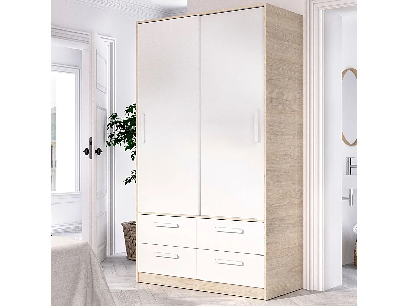 Armario Slide 2 puertas correderas + 4 cajones natural/blanco 204x120x60 cm