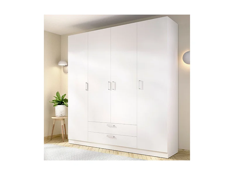 Armario Maxi 4 puertas + barra + 2 cajones + 9 compartimentos blanco 215x200x52 cm