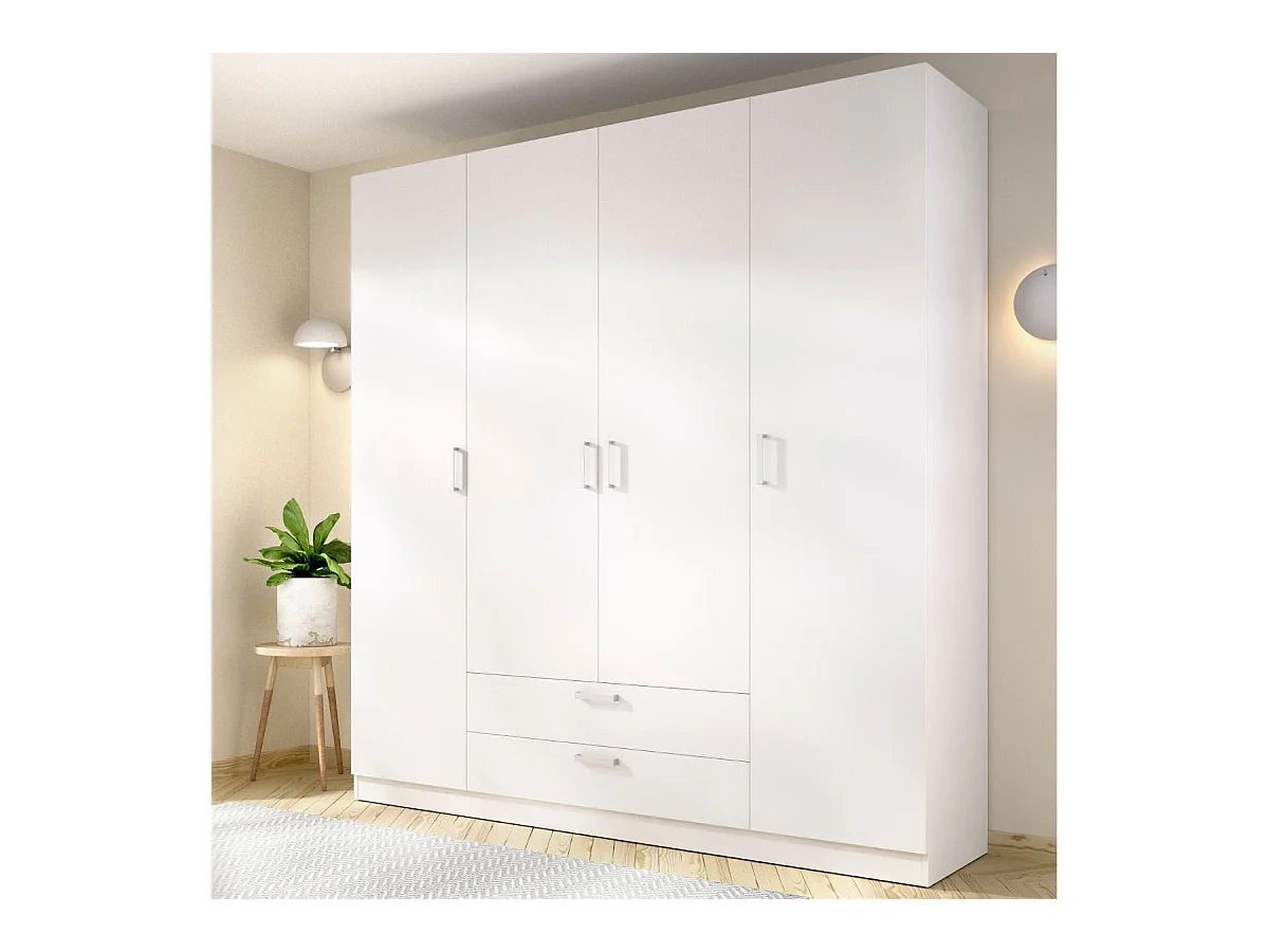 Armario Maxi 4 puertas + barra + 2 cajones + 9 compartimentos blanco 215x200x52 cm