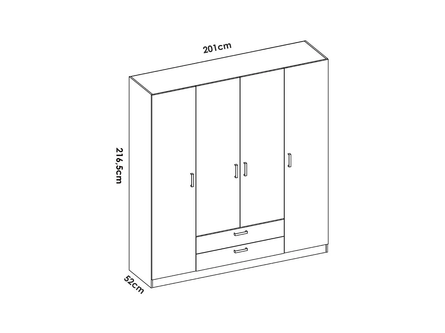 Armario Maxi 4 puertas + barra + 2 cajones + 9 compartimentos blanco 215x200x52 cm