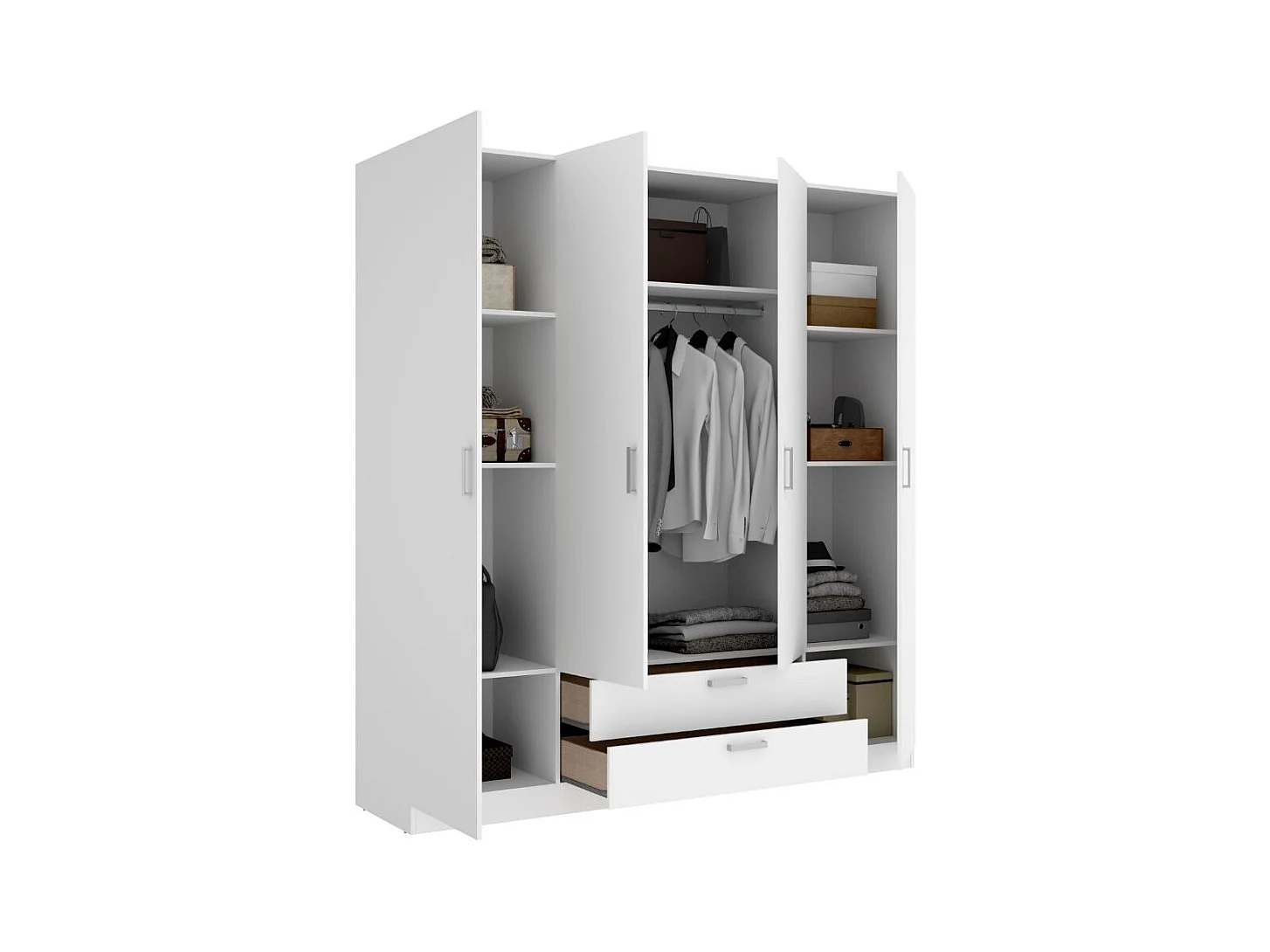 Armario Maxi 4 puertas + barra + 2 cajones + 9 compartimentos blanco 215x200x52 cm