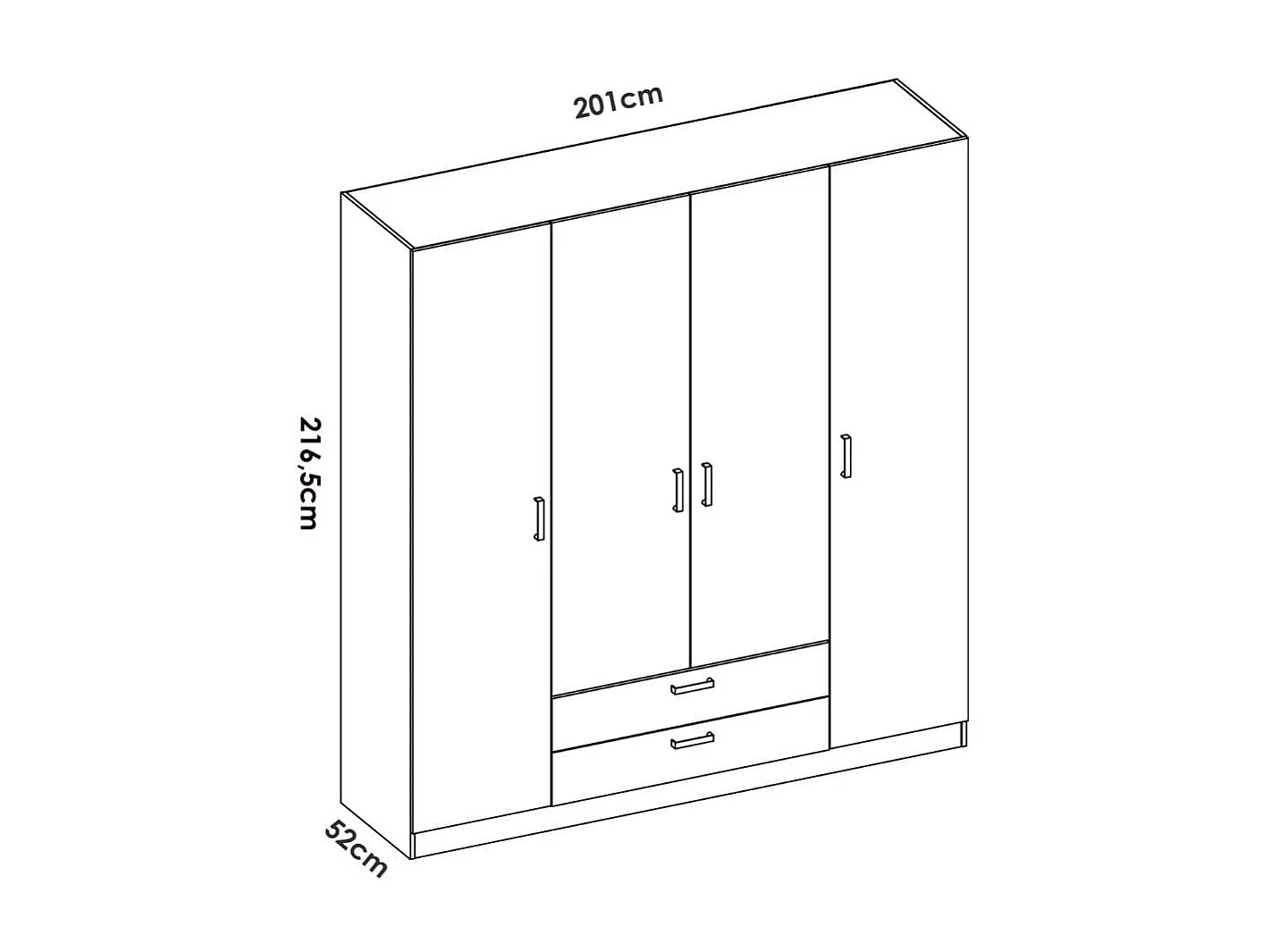 Armario Maxi 4 puertas + barra + 2 cajones + 9 compartimentos blanco 215x200x52 cm