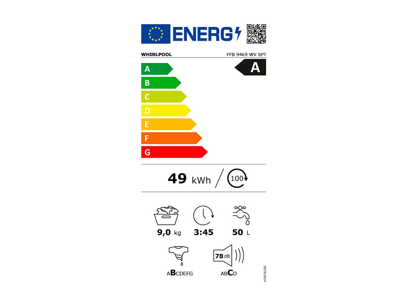 Lavadora Whirpool FFB 9469 WV SPT 9kg 1400 rpm Motor Inverter A blanco 85 cm