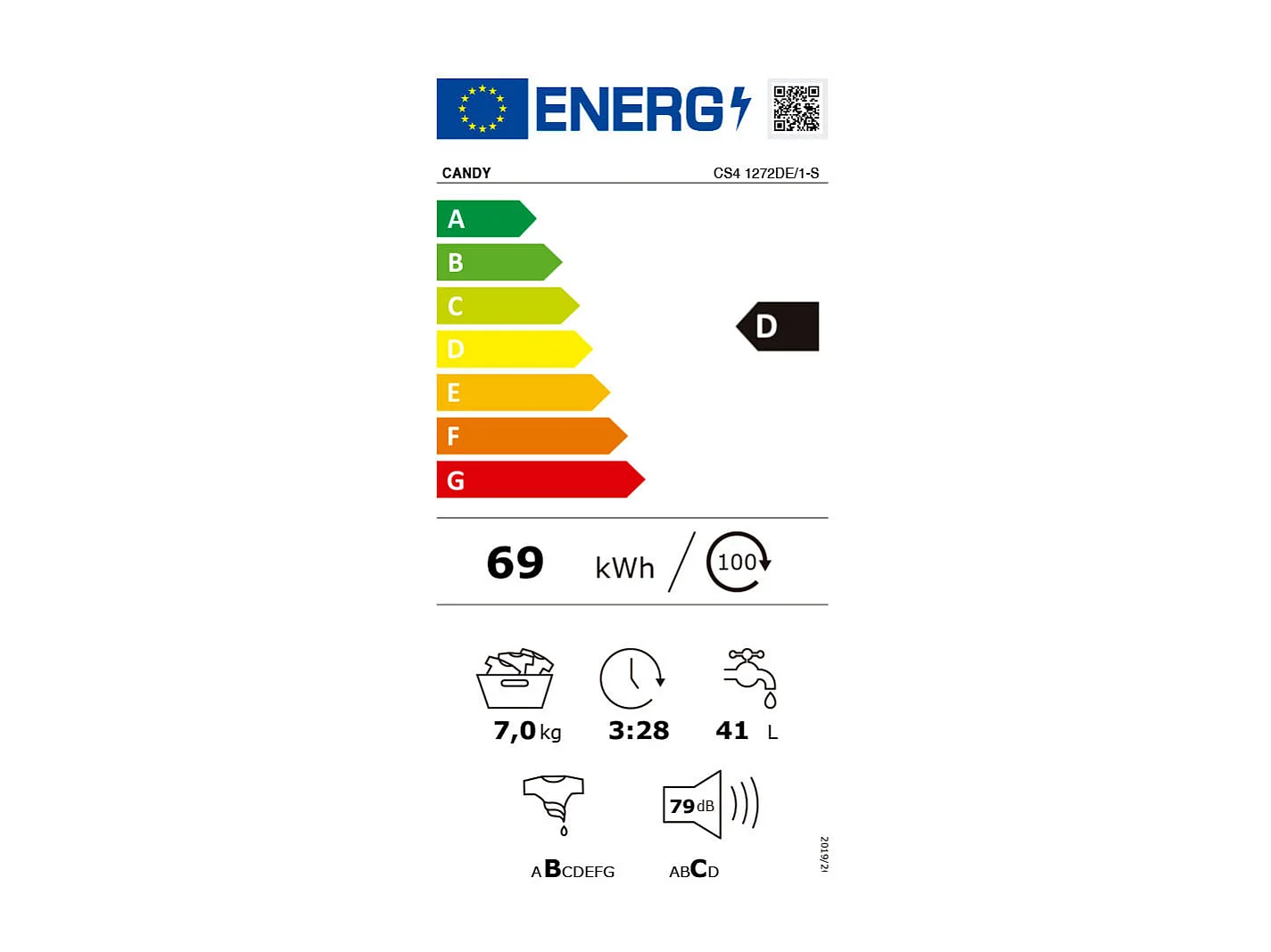 Candy Lavatrice Smart CS41272DE/1S Caricamento frontale 7 kg Classe D Bianco
