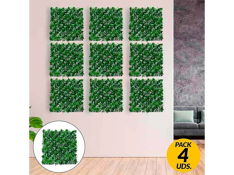 Pack de 4 planchas de jardín vertical artificial con flores verde/blanco
