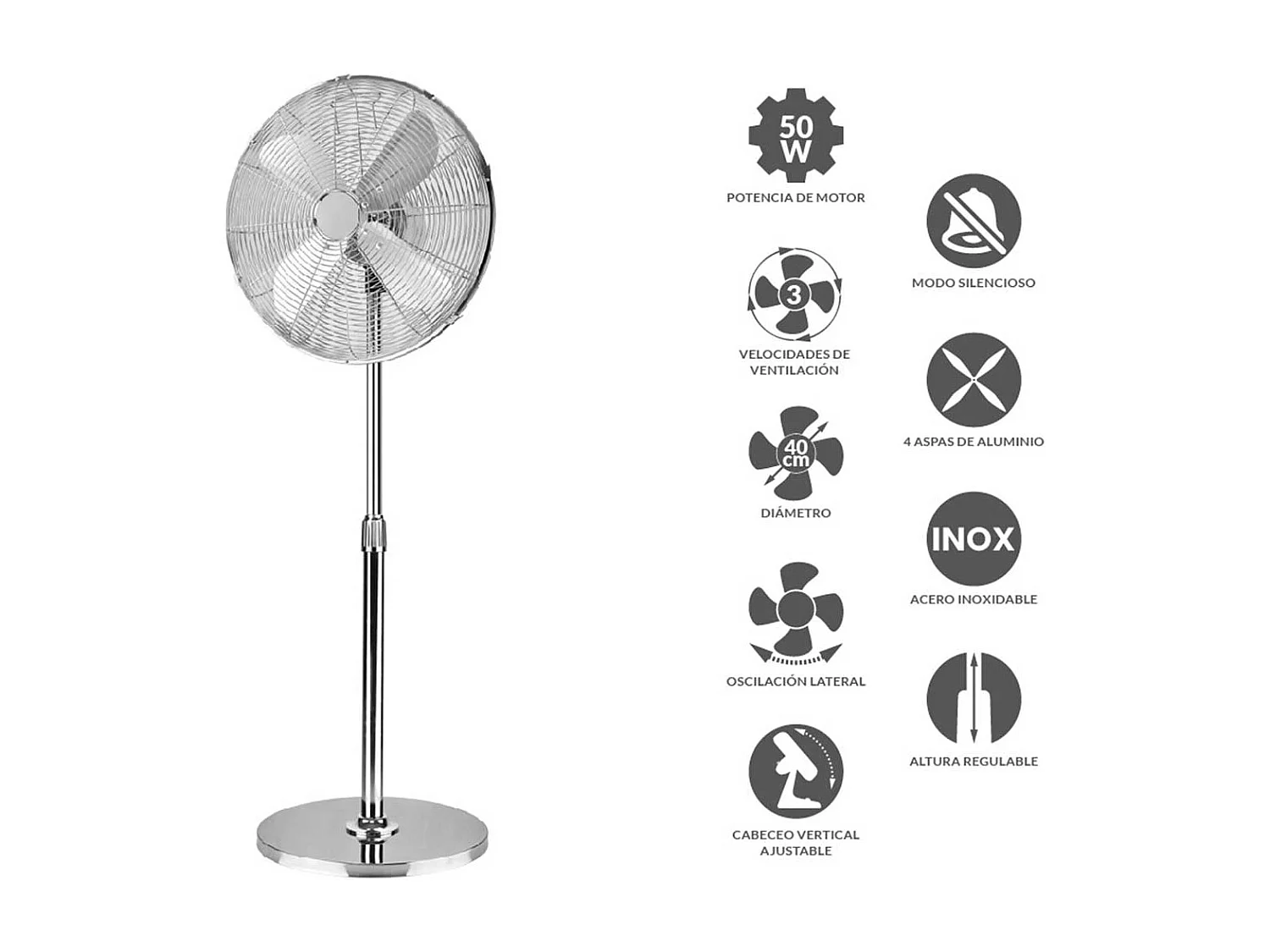 Ventilador de pie Infiniton IF-40M 50W 3 velocidades altura regulable acero inox