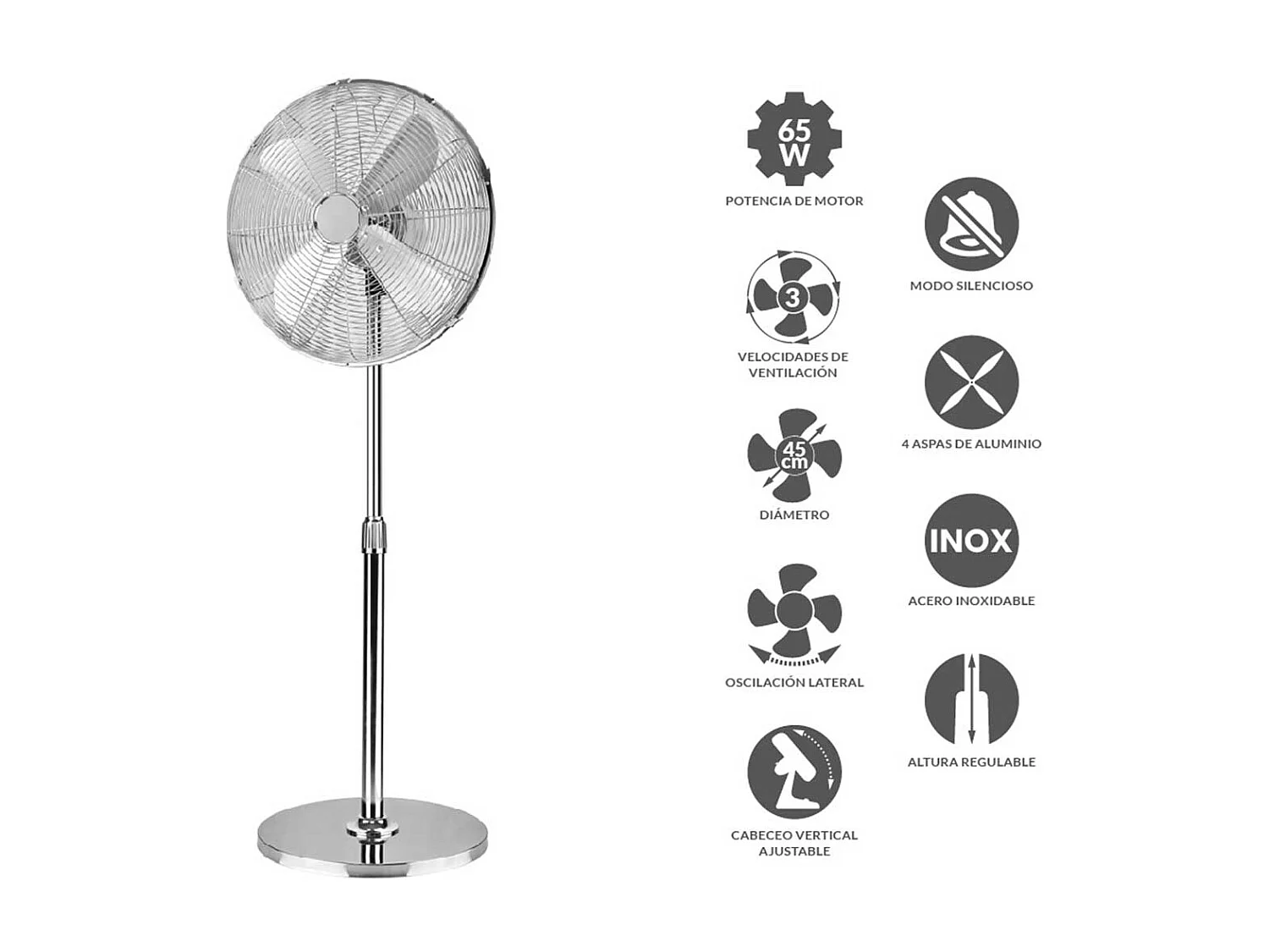Ventilador de pie Infiniton IF-45M 65W 3 velocidades altura regulable acero inox