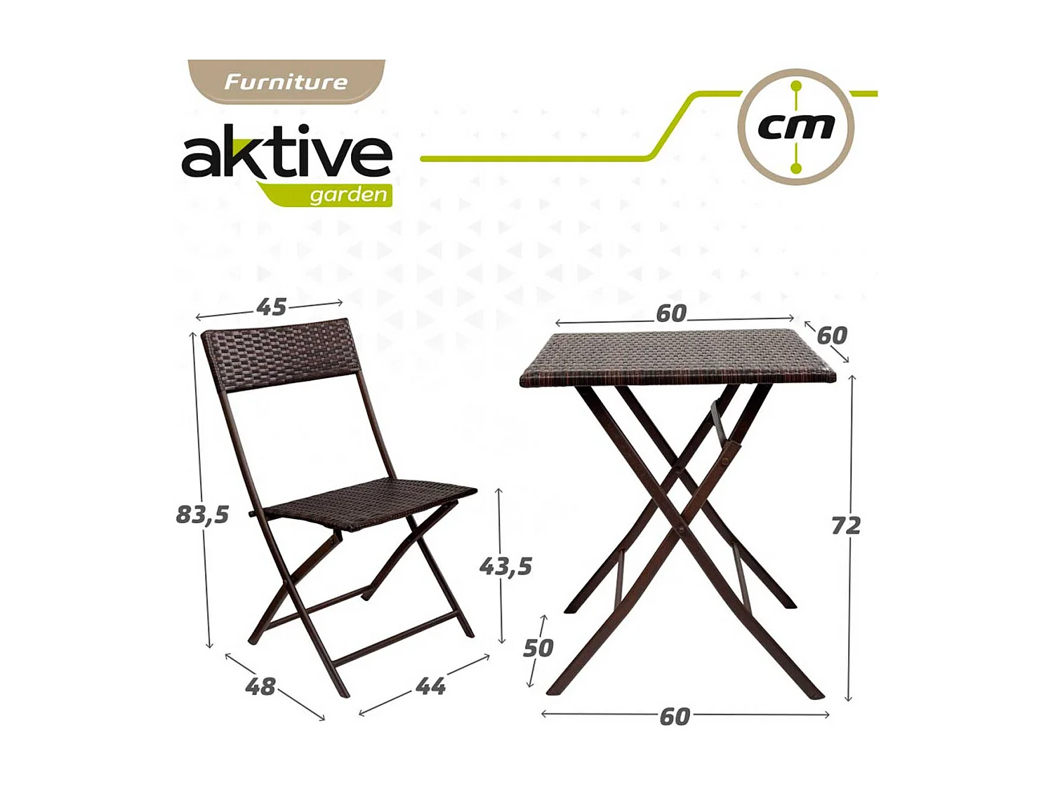 Conjunto de terraza Aktive Garden mesa+2 sillas plegables ratán negro