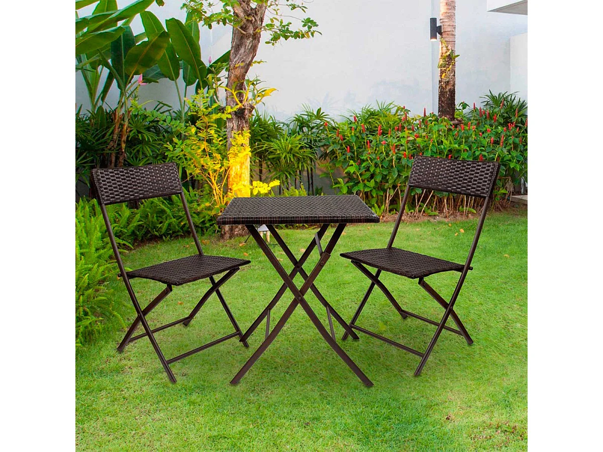 Conjunto de terraza Aktive Garden mesa+2 sillas plegables ratán negro