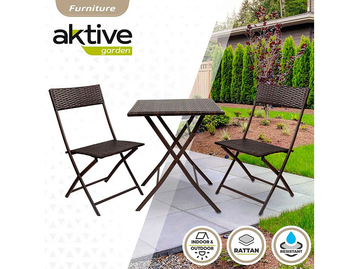 Conjunto de terraza Aktive Garden mesa+2 sillas plegables ratán negro