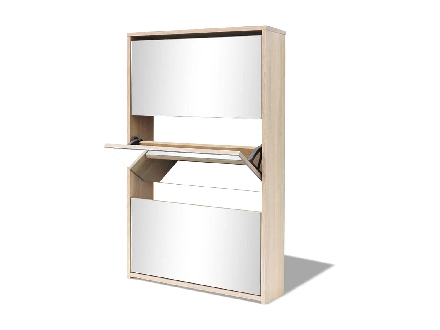 Schuhschrank mit 3 Fächern Spiegel Eiche-Optik 63x17x102,5 cm