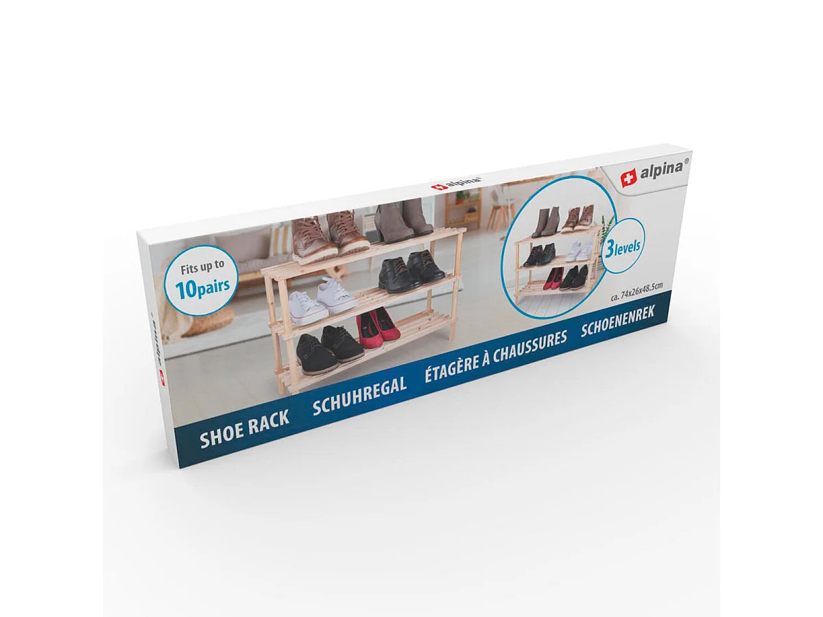 Zapatero Alpina 3 niveles 10 pares madera 48,5x74x26 cm