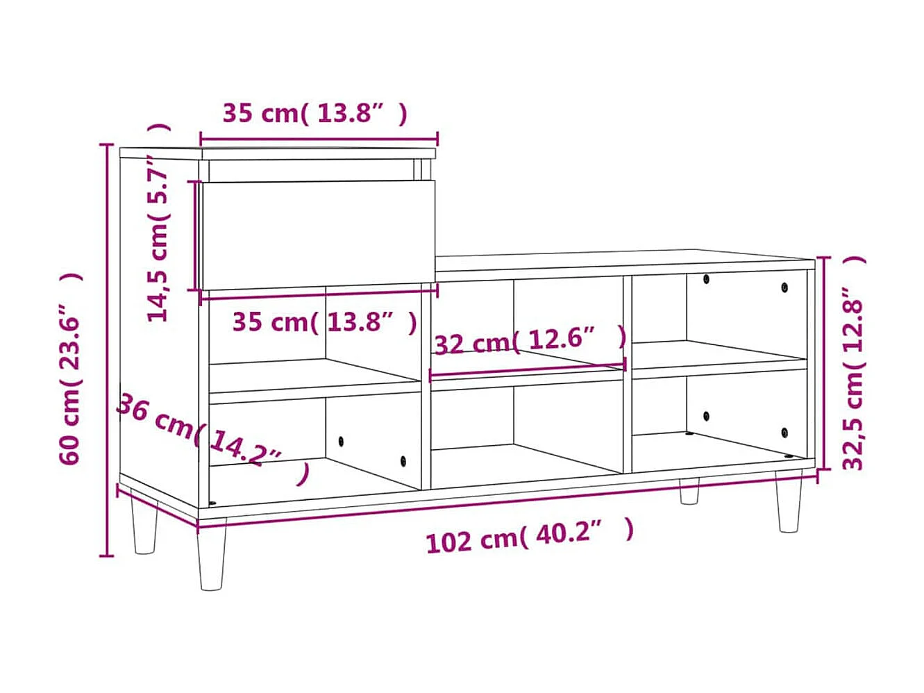 Mueble zapatero 1 cajón 6 compartimentos gris hormigón 60x102x36 cm
