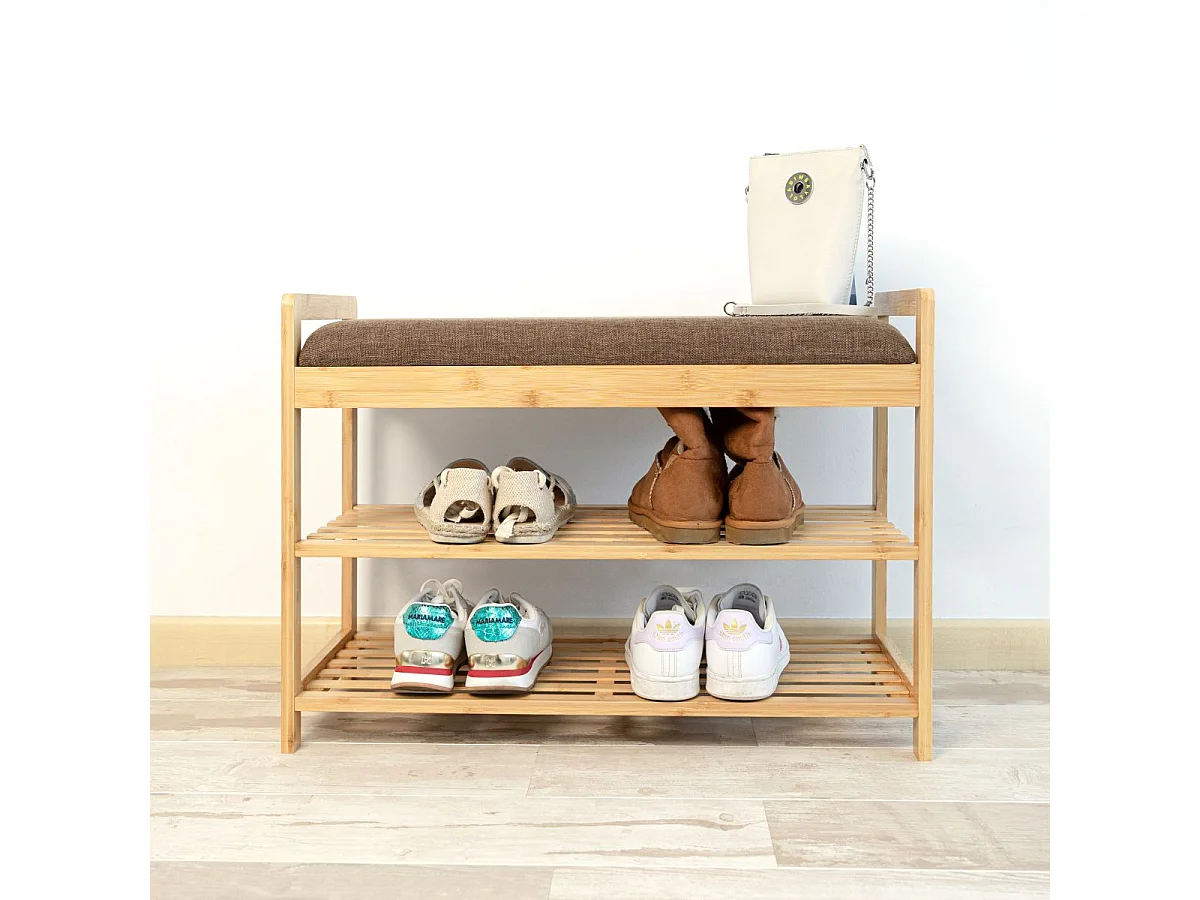 Banco zapatero MOA Vinthera 2 estantes con asiento acolchado natural 50x70x30 cm