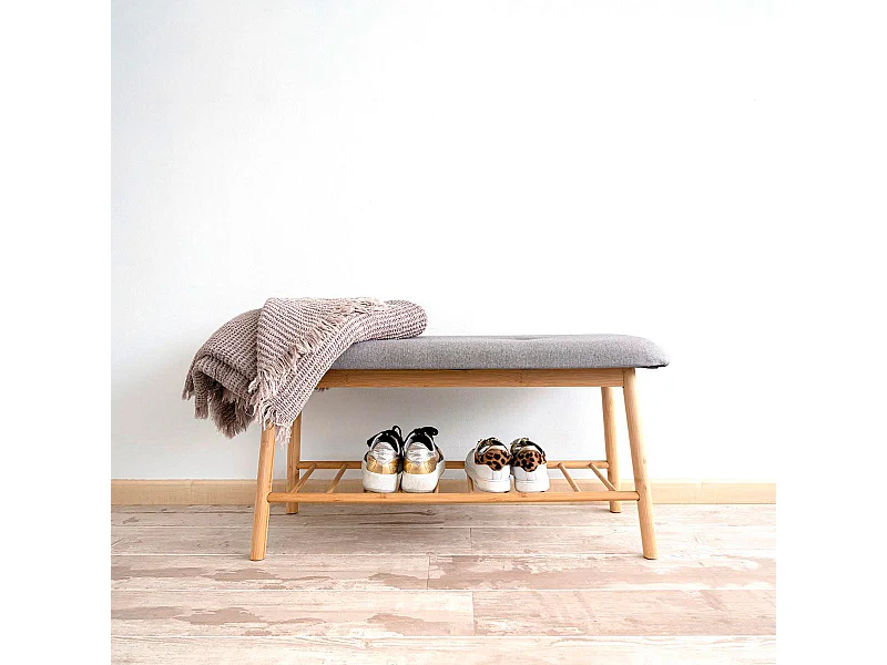 Banco zapatero MOA Vinthera con asiento tapizado gris/natural 45x90x30 cm