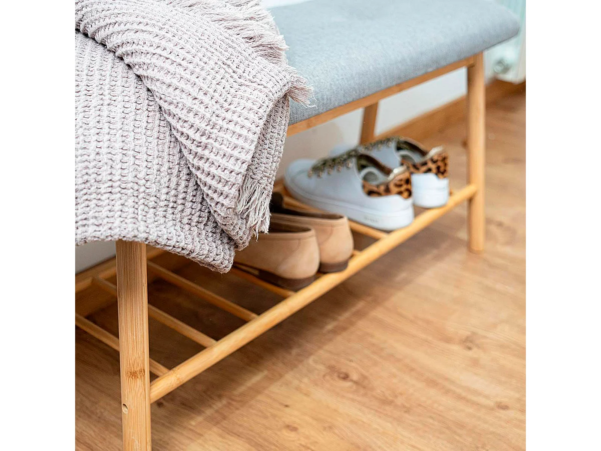 Banco zapatero MOA Vinthera con asiento tapizado gris/natural 45x90x30 cm