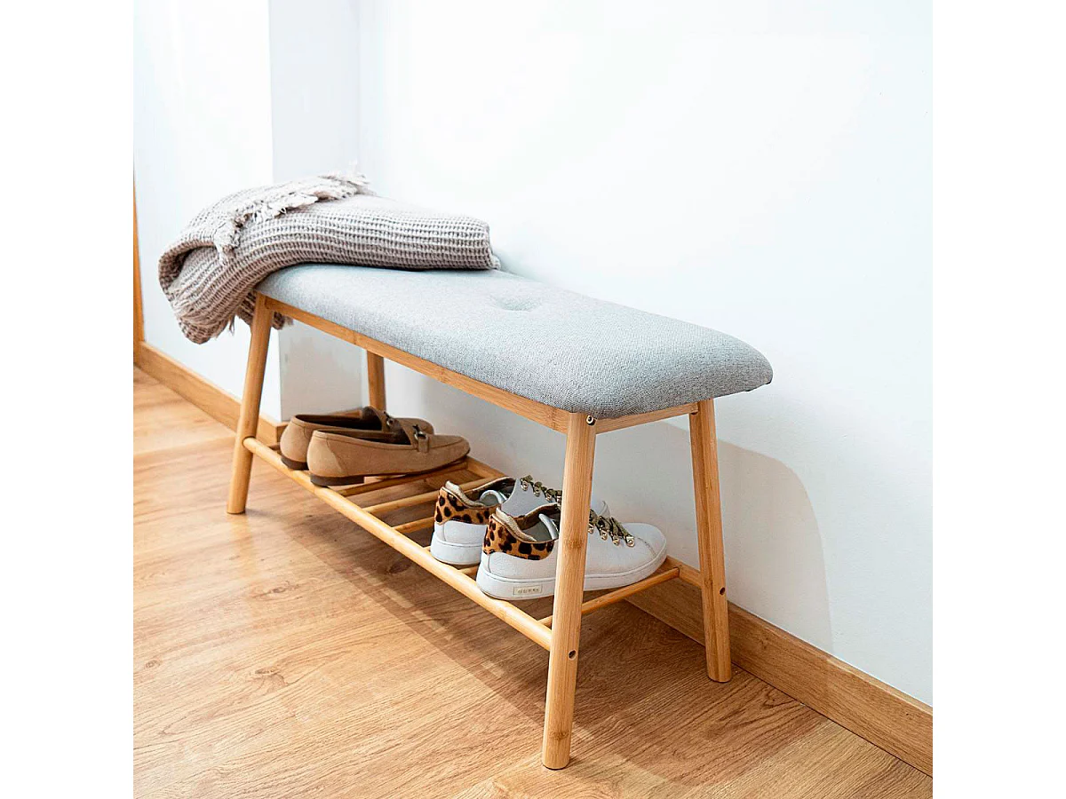 Banco zapatero MOA Vinthera con asiento tapizado gris/natural 45x90x30 cm