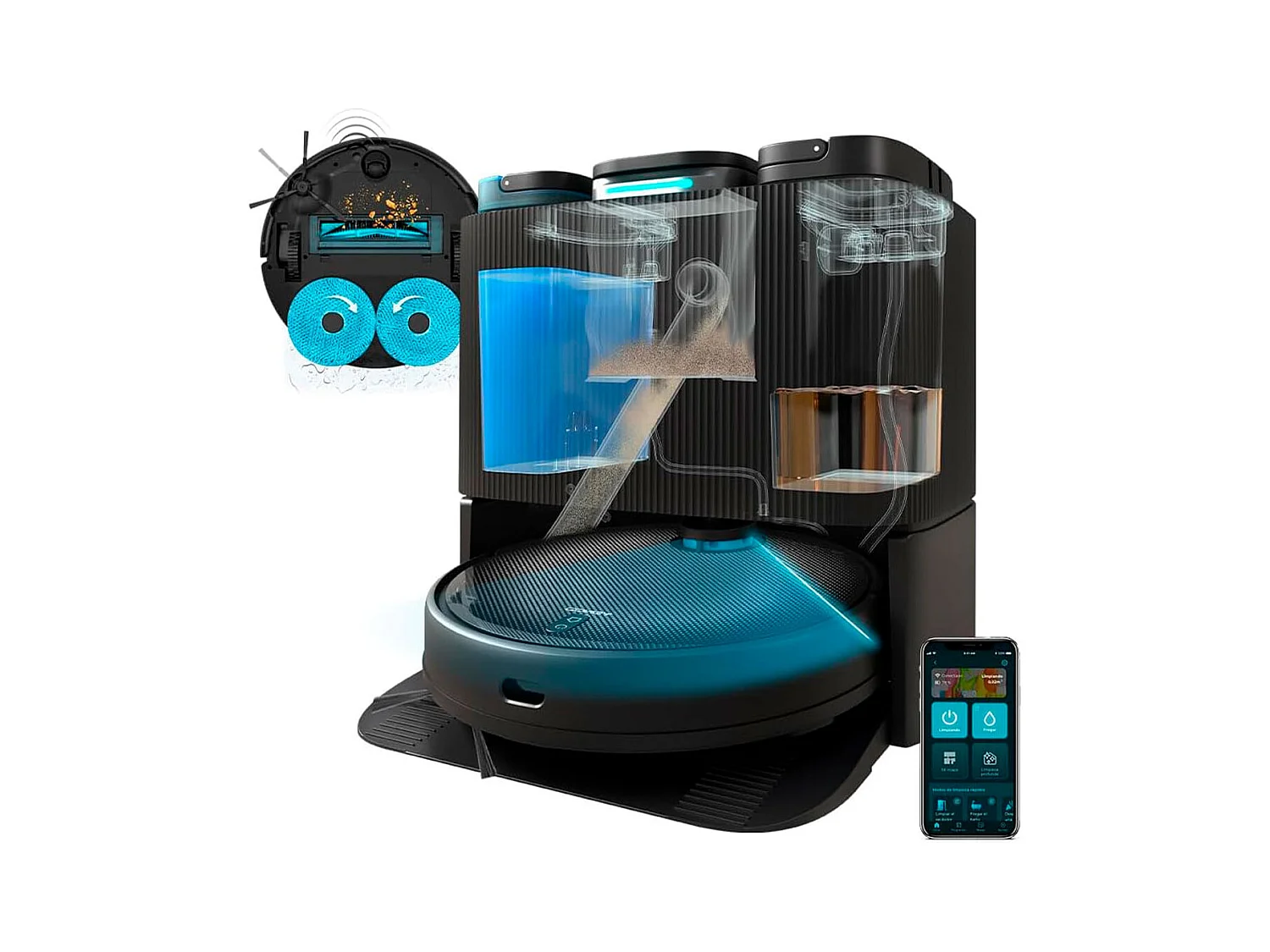 Robot aspirador Cecotec Conga 11090 Spin Revolution Home&Wash 4 en 1 WiFi base inteligente negro