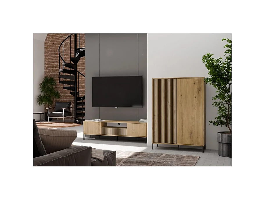 KAMARO - Meuble TV 160cm avec deux portes et un tiroir - chêne artisan