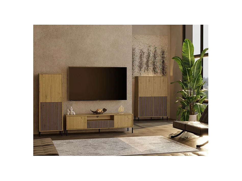 KAMARO - Meuble TV 160cm avec deux portes et un tiroir - chêne artisan