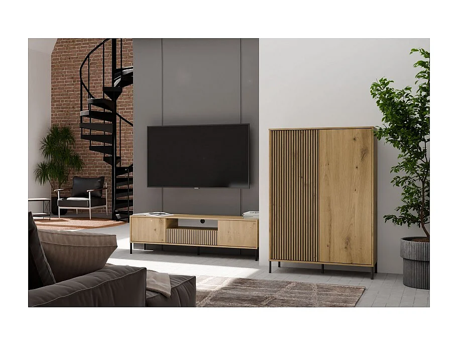 KAMARO – Mueble de TV 160 cm con dos puertas y un cajón – Roble artesanal