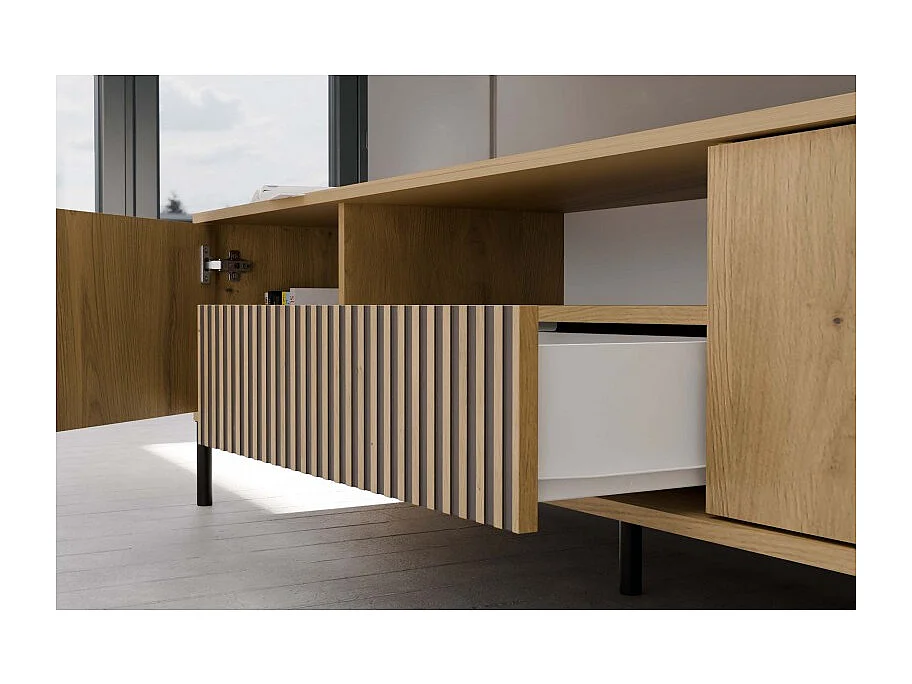 KAMARO – Mueble de TV 160 cm con dos puertas y un cajón – Roble artesanal