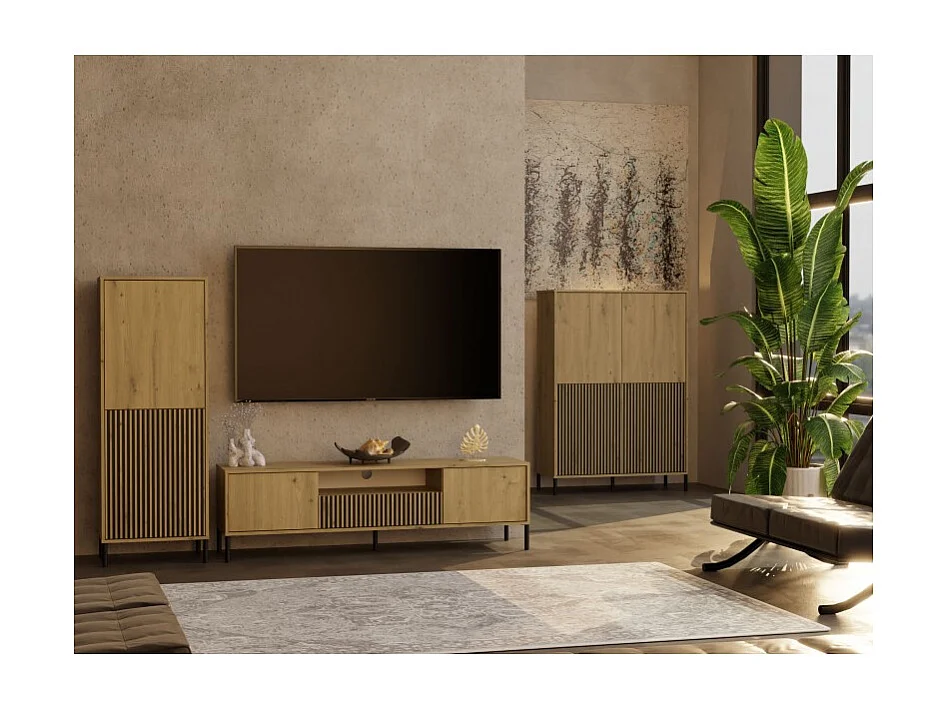 KAMARO – Mueble de TV 160 cm con dos puertas y un cajón – Roble artesanal