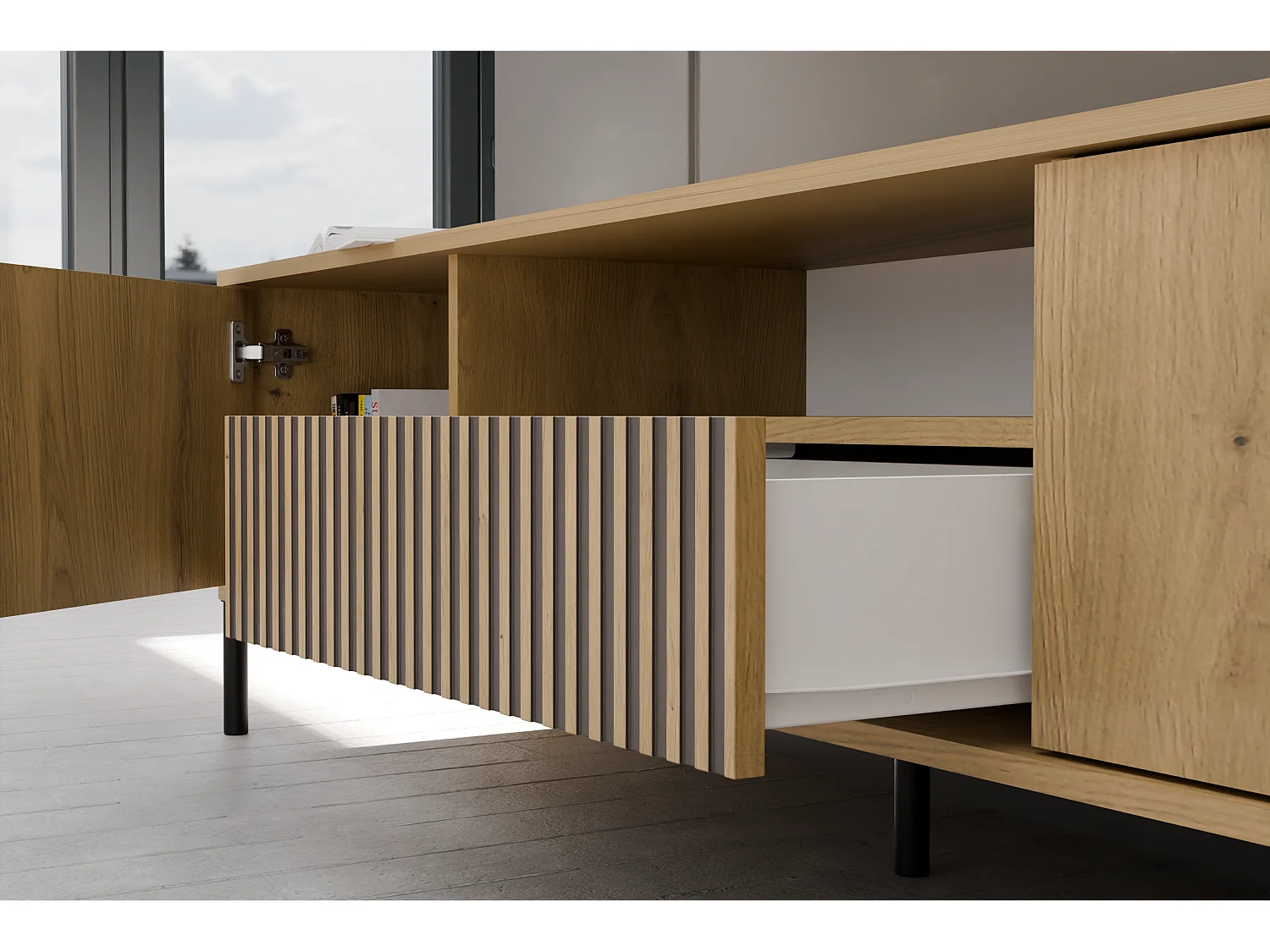 KAMARO – Mueble de TV 160 cm con dos puertas y un cajón – Roble artesanal