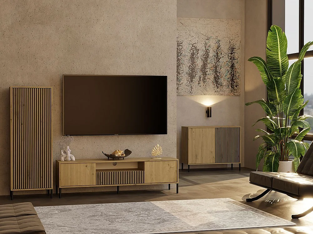 KAMARO – Mueble de TV 160 cm con dos puertas y un cajón – Roble artesanal