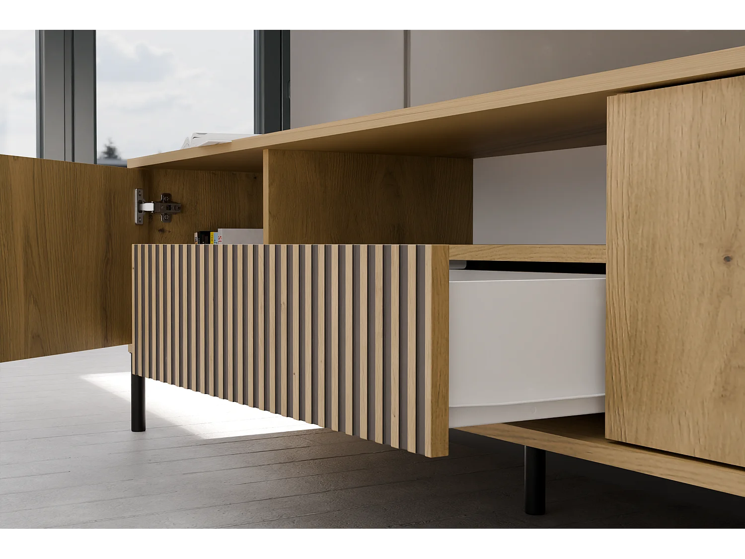 SZAFKA RTV KAMARO | Dąb Artisan |  164x40x47 cm | Ryflowane Fronty