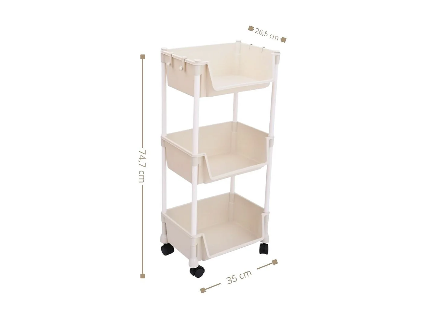 Carrito auxiliar Reddie con 3 niveles y ruedas beige 74,7x35x26,5 cm